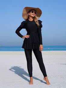 Swim Mulvari 2 Pc Set Solid High Neck Long Sleeve Long Pants Ruffled Design Full Coverage Wireless Casual Conservative Swimsuit Bikini - Black - View 5