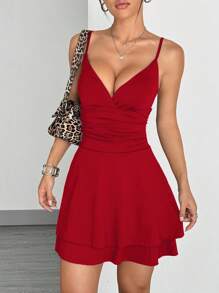 SHEIN EZwear 女士玫瑰红色纯色针织褶饰腰带迷你连衣裙 - 玫瑰紅 - 查看 5