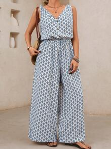 SHEIN VCAY Plus Size Women's All-Over Print Buttoned Pockets Wide Leg Sleeveless Jumpsuit, Vacation Wear - Blue - View 5