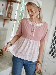 LanaWest Vacation Bohemian Vintage Ditsy Floral Patchwork Short Sleeve T-Shirt For Women - Pink - View 5