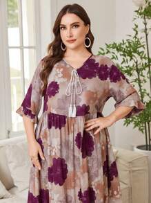 Lacomfia Vestido maxi estilo árabe de línea A con estampado floral para mujer de talla grande