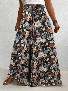 Linhara CURVE Plus Size Women Waist Tie Floral Print Wide Leg Pants For Vacation Fall Cloth For Women - Black - View 3