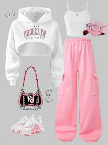 SHEIN Explorewe 3 件套 Tween 女童保暖内衬套装：字母印花运动衫、吊带背心和工装裤，适合秋冬季