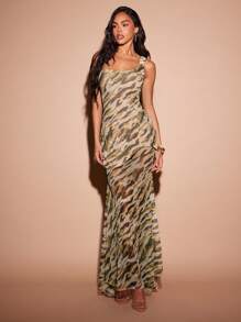 Hauture Sexy Boho Animal Print Asymmetrical Sheer Bottom Maxi Dress - Multicolor - View 3