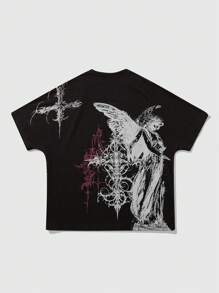 ROMWE MEN Goth Camiseta de manga corta con estampado de alas de murciélago para hombres, ropa casual para primavera y verano