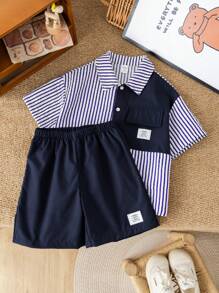 2pcs/Set Young Boys Comfortable Casual Loose Fit Korean Fashion Stylish Striped Shirt And Contrast Color Shorts Set, Suitable For Daily Wear, Sports, Outing, School, Parties, Festivals, Photoshoot, Back To School Season, Spring/Summer
