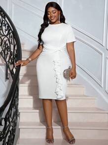 Fleurora 春夏优雅通勤办公室白色针织圆领荷叶边扭纹紧身连衣裙中长短袖大码连衣裙 - 白色 - 查看 3