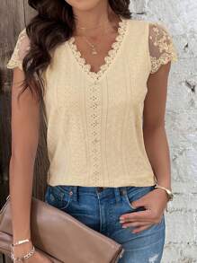 SHEIN Frenchy Women's Lace Patchwork Short Sleeve Textured Fabric Summer T-Shirt Brown Casual - Khaki - View 2