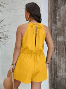 SHEIN VCAY Plus Size Women Solid Color Waist Tie Halter Jumpsuit Shorts, Vacation Style