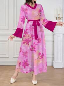 Al Najma 女式花卉印花V领扭纹长袖连衣裙 - 彩色 - 查看 6