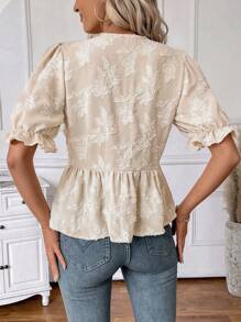 SHEIN LUNE Áo cánh tay ngắn, tay bồng, vải dệt trơn màu có họa tiết buộc phía trước dành cho nữ, phù hợp mặc hàng ngày, đi chơi, đi nghỉ, đi dã ngoại, phong cách Bohemian - Màu be - Xem 2
