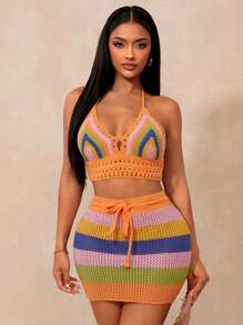 SHEIN SXY 2 pezzi Set top e gonna da donna a righe colorate, senza schienale, con collo alto, per vacanze al mare - Multicolore - Visualizzare 5