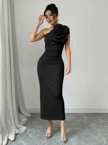 Rafferiza Women's Oblique Shoulder Ruched Fitted Sheath Dress, Elegant & Stylish - Black - View 5