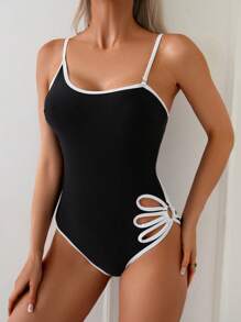 Swim Basics Ladies' Black & White Floral Pattern Beach One-Piece Swimsuit With Adjustable One Shoulder Strap For Summer Beach Vacation - Black and White - View 4