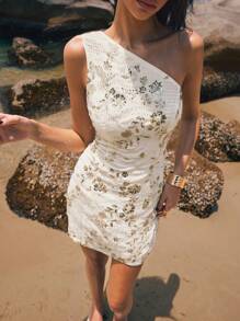 Poéselle Women's Beach Floral Sequin Embellished Sleeveless One-Shoulder Mini Dress - Apricot - View 1