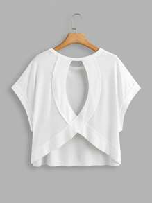 SHEIN Essnce Áo thun hở lưng màu trắng cỡ lớn thời trang xuân hè thoải mái, thoáng khí, nhẹ nhàng, mát mẻ, mặc hàng ngày, áo thun dễ thương, trang phục dạo phố, áo đi chơi, trở lại trường, áo trắng - trắng - Xem 1