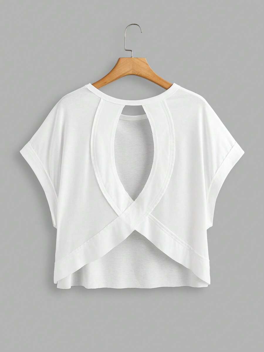 SHEIN Essnce Áo thun hở lưng màu trắng cỡ lớn thời trang xuân hè thoải mái, thoáng khí, nhẹ nhàng, mát mẻ, mặc hàng ngày, áo thun dễ thương, trang phục dạo phố, áo đi chơi, trở lại trường, áo trắng - trắng - Xem 1