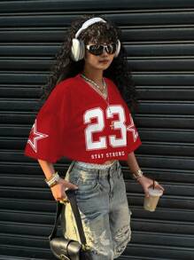 SHEIN EZwear 女士休闲V领宽松短款5/6袖网眼T恤，适合夏季运动，数字23和星星印花，透气 - 彩色 - 查看 5