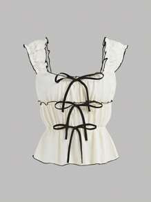 Girlism Débardeur à col en V à color-block abricot, beige et noir avec nœud papillon à la taille, convient pour les sorties, les fêtes, la rentrée scolaire, les pique-niques familiaux mignons à l'extérieur au printemps, et un usage quotidien