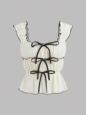 Girlism Teen Girls' Apricot, Beige And Black Colorblock Bowknot Waist Cami Tank Top, Suitable For Outings, Parties, Back-To-School, Cute Holiday Family Outdoor Spring Picnic Everyday Wear