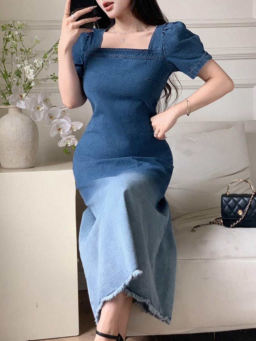 DAZY فستان جينز مربع الرقبة مخصر مموج عصري مزين بشراريب مناسب للنساء لفصل الصيف والعطلات - الأزرق - مشاهدة 1