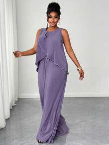 Maweii 2pcs Plus Size Solid Color Sleeveless Top And Full Length Pants Set, Fashionable For Summer - Purple - View 4
