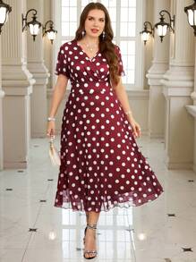 SHEIN Clasi Đầm lưới chấm bi trắng nền đỏ cạp cao cỡ lớn cho nữ, trang phục lãng mạn thanh lịch cho mùa xuân - Màu Đỏ Sâu - Xem 5