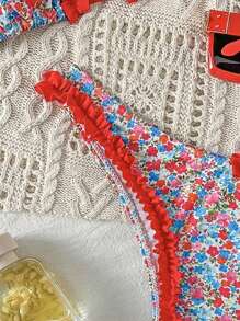 Swim Mod Women's Printed Frill Trim Bikini Swimsuit For Summer Beach Vacation - Red - View 3