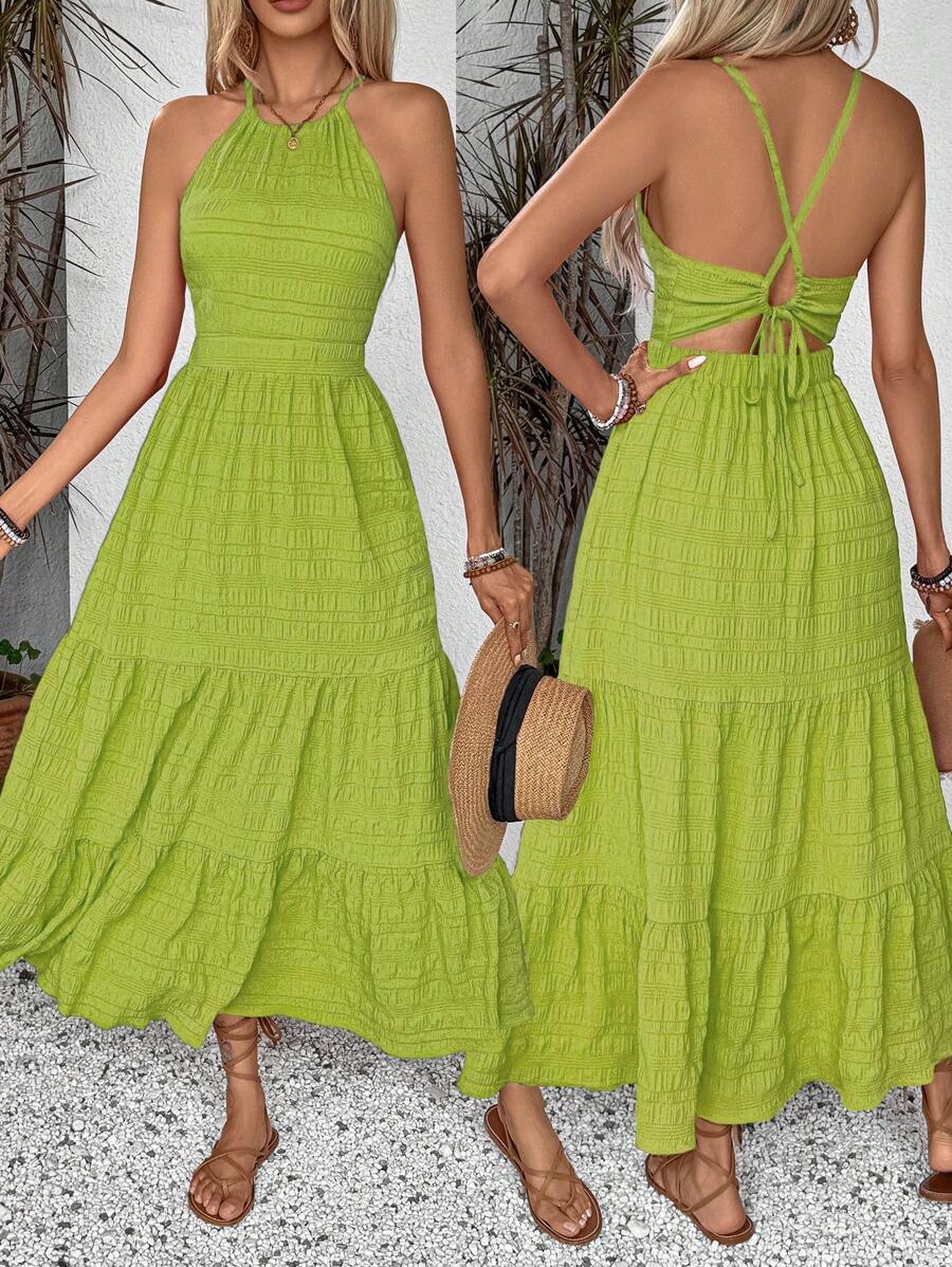 Breezaya Women's Casual Tie-Back Ruched Hem Long Dress Maxi Vacation Beach Outfit