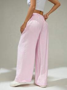 SHEIN PETITE Women Cute Pink Summer Low Waist Casual Loose Trousers Tie Waist Straight Loose Solid Color Casual Pants For Daily Wear - Pink - View 3