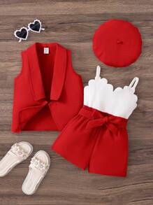 SHEIN 2pcs/Set Baby Girl Solid Color Knit Cardigan And Knit Jumpsuit Set With Hat - Red - View 1