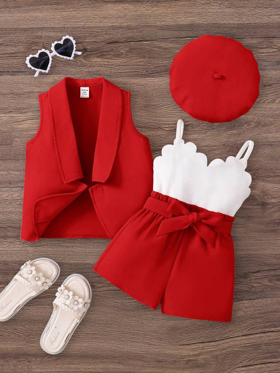 SHEIN 2pcs/Set Baby Girl Solid Color Knit Cardigan And Knit Jumpsuit Set With Hat - Red - View 1