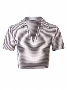 SHEIN Sports Summer Casual Striped Short Sleeve Sport Polo Shirt - Apricot - View 1