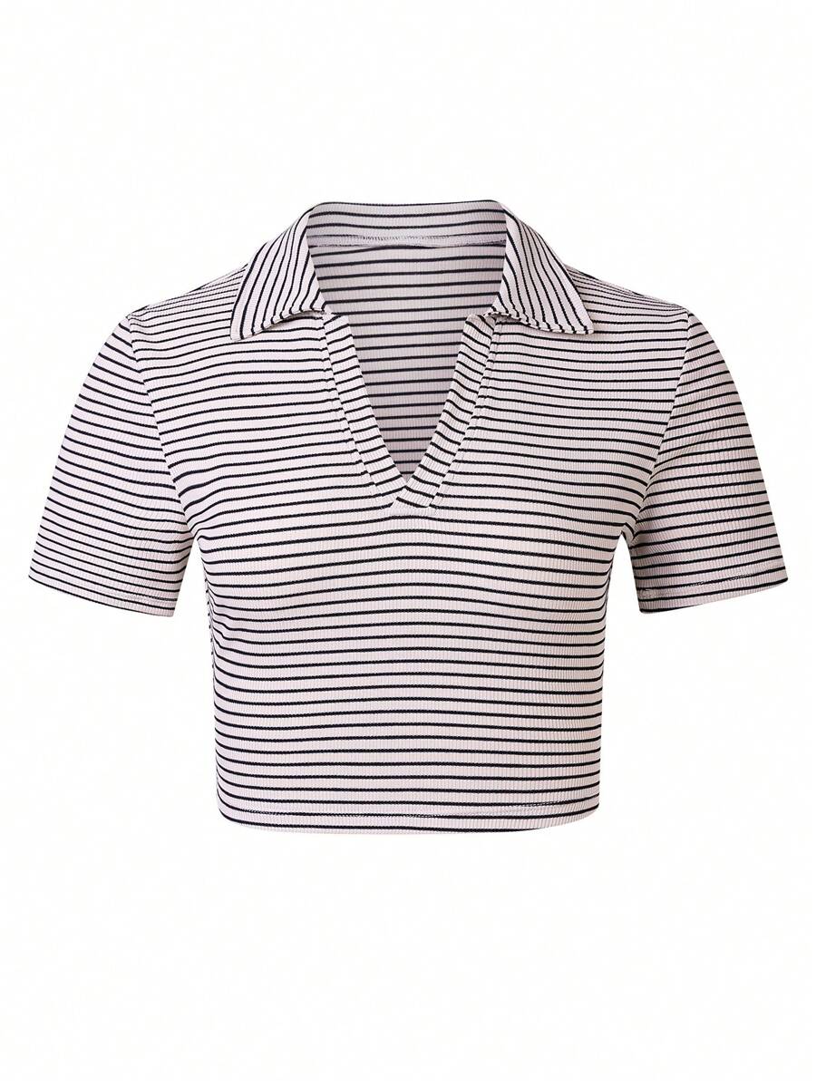 SHEIN Sports Summer Casual Striped Short Sleeve Sport Polo Shirt - Apricot - View 1