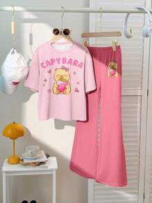 SHEIN Leap Crew 2 件套青少年女孩休闲可爱水豚和卡通动物印花短袖套装，夏季 - 彩色 - 查看 1