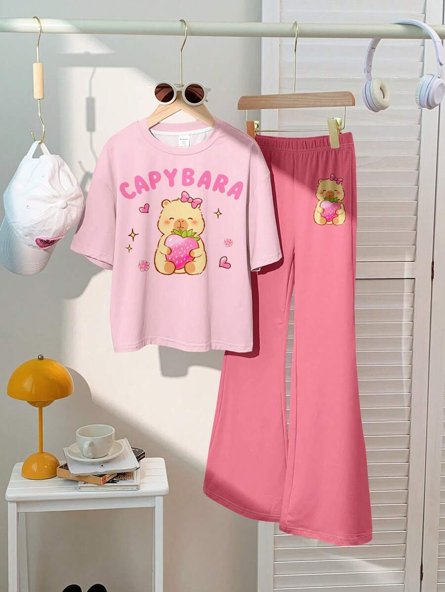 SHEIN Leap Crew 2 件套青少年女孩休闲可爱水豚和卡通动物印花短袖套装，夏季 - 彩色 - 查看 1