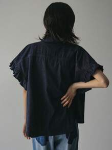FRIFUL Blusa vaquera holgada de mujer con cuello de volantes de un solo botonadura, ropa casual de mujer para el verano, ropa de calle para mujer - Azul - Ver 3