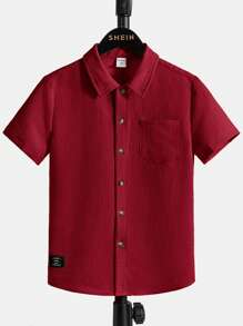 SHEIN Tween Boys Minimalist Solid Color Pocket Single Breasted Short Sleeve Shirt - Red - View 5