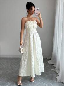 Selianne 女士优雅休闲性感通勤浪漫波西米亚海滩度假下午茶派对纯色提花方领公主腰交叉下摆长款连衣裙，春夏 - 杏色 - 查看 3