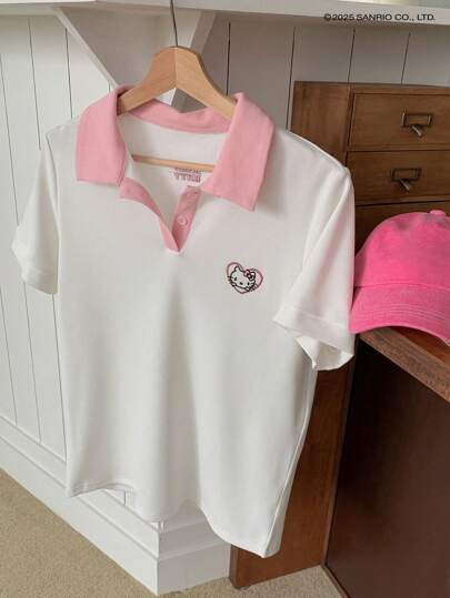 HELLO KITTY | DAZY IP合作款撞色宽松休闲Polo领短袖刺绣卡通印花T恤女可爱上衣