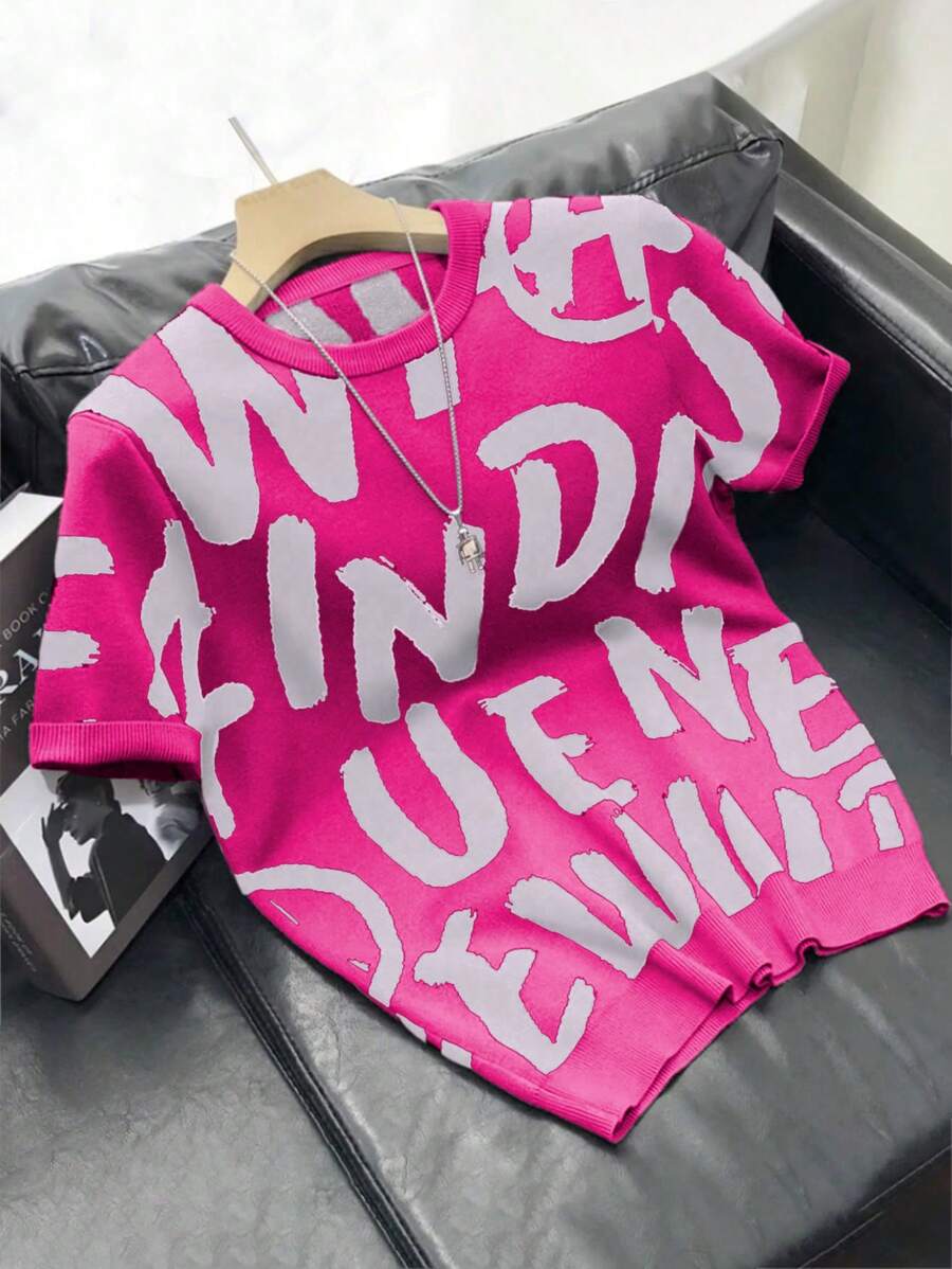 Claim Dot Men's Letter Print Short Sleeve Crew Neck Knit Sweater - Multicolor - View 1