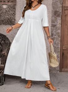 EMERY ROSE Vestido largo de encaje blanco con parches para mujer talla grande para vacaciones de verano con bolsillos