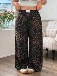 SHEIN PETITE CURVE Plus Size Leopard Print Casual Pants Fall - Brown - View 3
