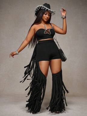 Slaydiva Spring & Summer New Music Festival Boho Party Street Style Women Black Bodycon High Waist Solid Multi-Layer Fringe Plus Size Flared Pants,Summer Pants Women S Clothes Women Summer Clothing Women Plus Sun Dress Women Plus Clothing Business Casual Club Outfits Women Plus