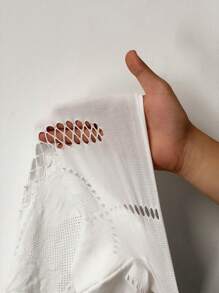 BamGleam Áo thun bó sát tay dài lưới hở vai cho nữ, gợi cảm và vừa vặn - trắng - Xem 8