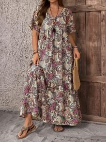 EMERY ROSE Vestido largo holgado casual con cuello en V y estampado de plantas para tallas grandes, look casual campestre para vacaciones, sencillo y de moda para uso diario, blusas de verano para mujer, conjuntos de verano para mujer