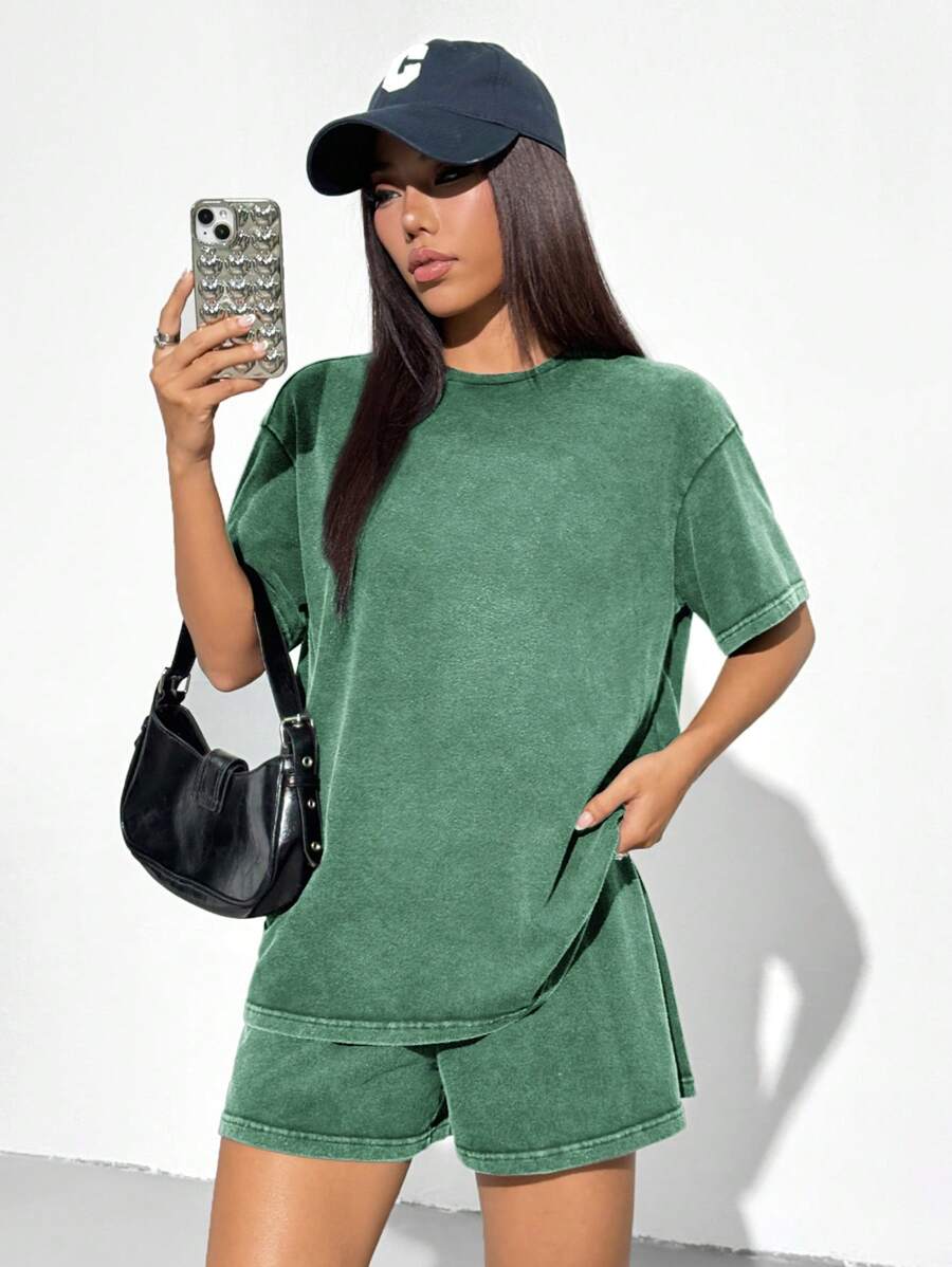SHEIN EZwear 2pcs/Set Summer Knit Green Women Distressed T-Shirt And Shorts Set - Green - View 1