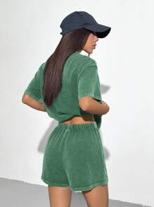 SHEIN EZwear 2pcs/Set Summer Knit Green Women Distressed T-Shirt And Shorts Set - Green - View 2