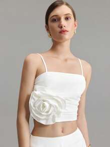 Ontre 2025 Nieuwe dames mouwloze bustiertop, witte linnenmix bloemenapplicatie croptop, bruiloftsfeeststijl casual dagelijkse kleding