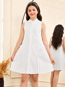 SHEIN White Tween Girl Casual Elegant Commuting Pleated Patchwork Skirt Shirt-Style Peter Pan Collar Button Front Dress With Contrast Trim & Bow Decor - White - View 3